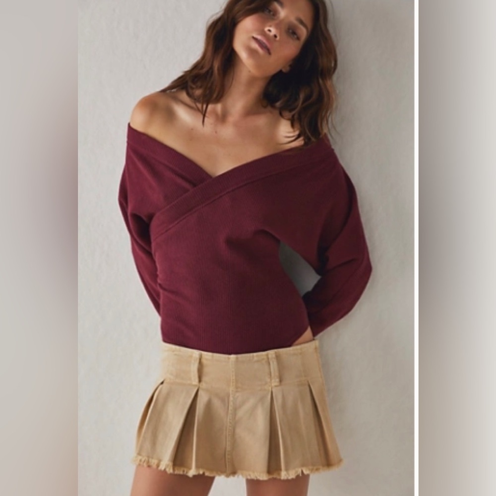 Free People burgundy “lovin this feeling” bodysuit sweater